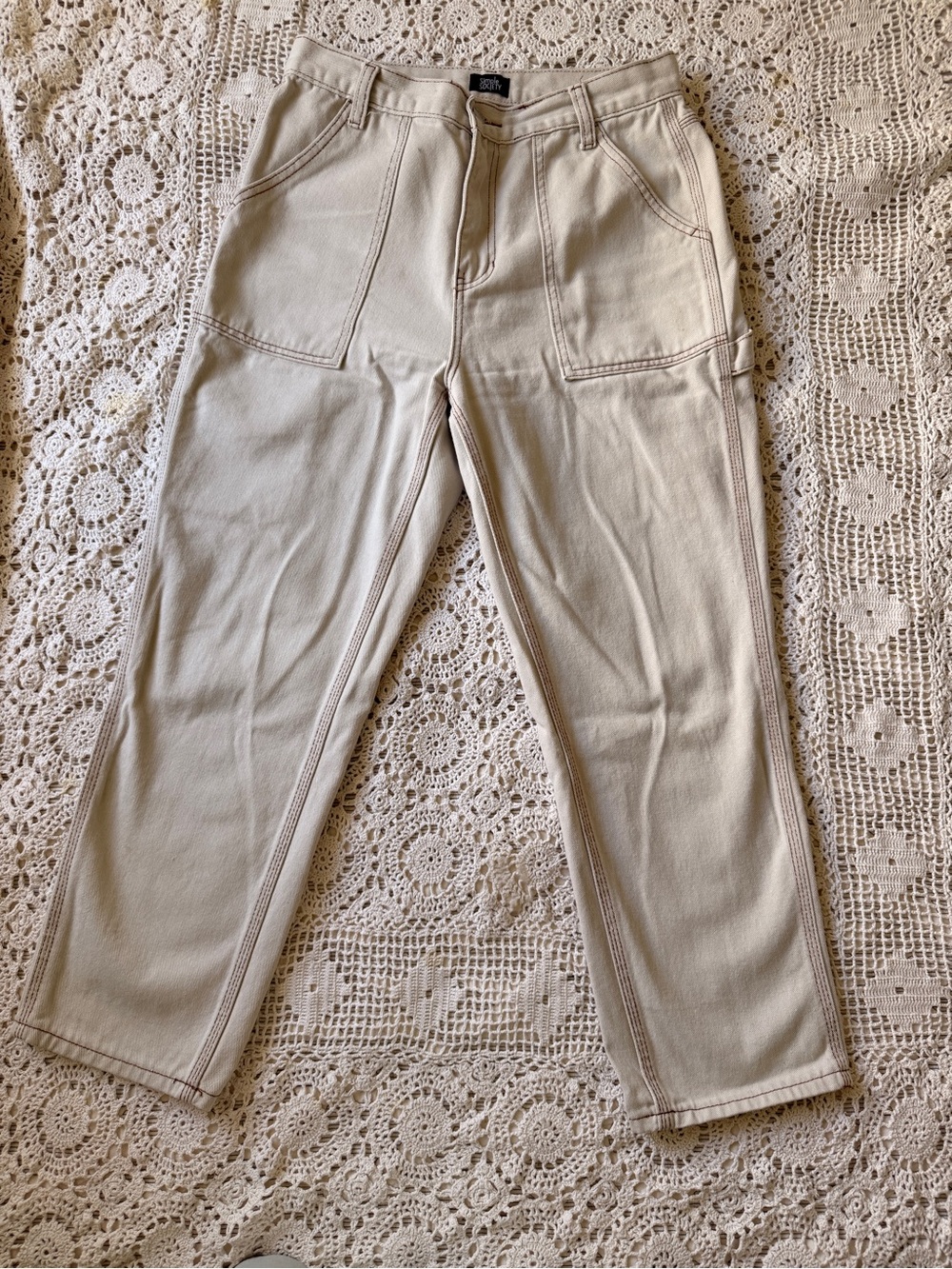 Trendy Cream Utility Pants - Brown Stitch Detail